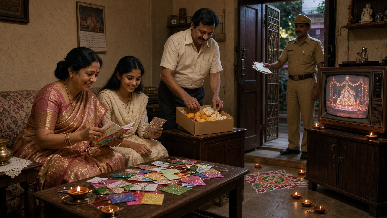 1980s living room on Diwali evening where a mother in a silk sari and her daughter open glittering greeting cards spread on a table with clay diyas, the father opens a box of sweets, a postman in khaki hands more envelopes at the door, and a wooden colour television shows a festive programme beside a rangoli