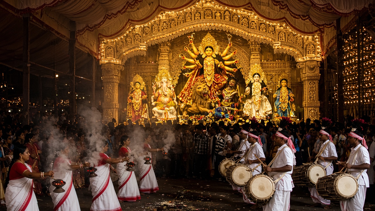 Illuminated Durga Puja pandal at night with an ornate ten-armed idol of Goddess Durga slaying Mahishasura flanked by Lakshmi, Saraswati, Ganesha, and Kartikeya, women in red-bordered white sarees performing the dhunuchi dance with smoking incense pots, and drummers in white playing large feathered dhaks before a crowd