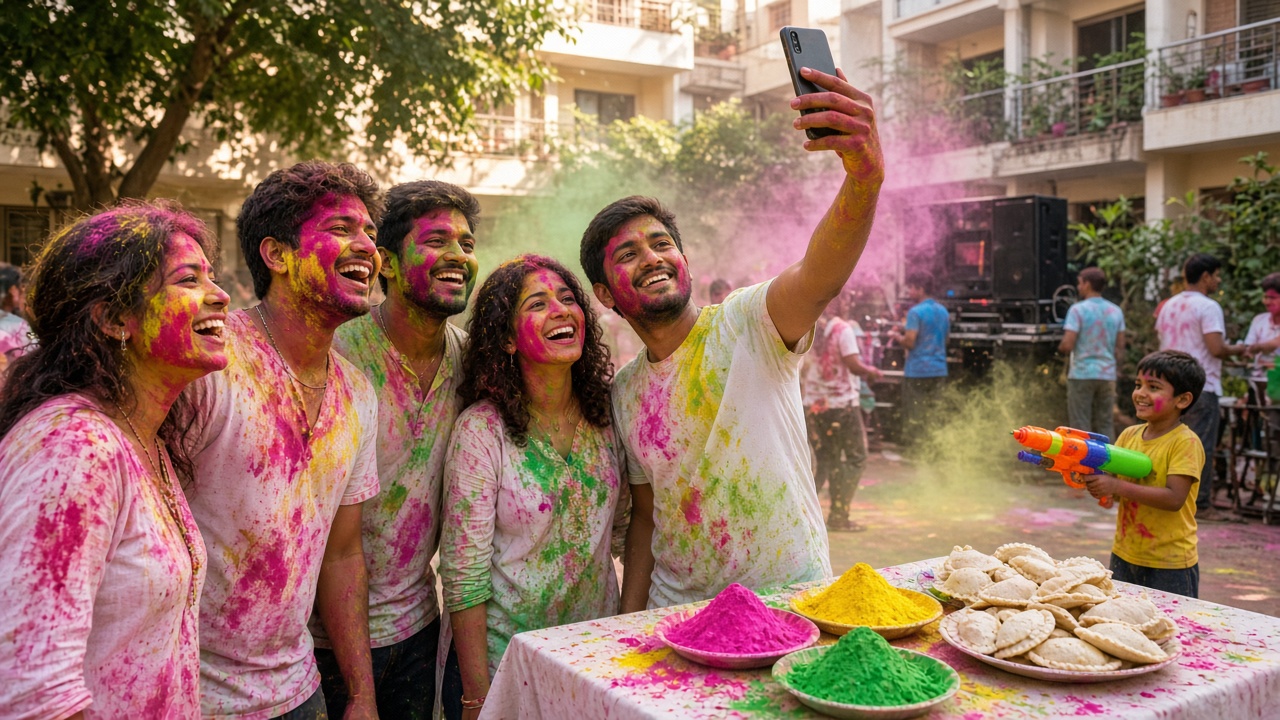 Holi in a housing society courtyard where laughing friends covered in pink, yellow, and green colours pose for a group selfie with a raised smartphone, clouds of coloured powder in the air, a boy with a water pistol, and bowls of gulal and a plate of gujiya on a table