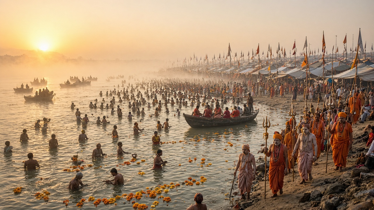 Kumbh Mela at a river confluence at sunrise with thousands of pilgrims bathing in the water, marigolds floating, wooden boats full of pilgrims, saffron-robed and ash-smeared sadhus with tridents walking along the bank, and a vast tent city with flags stretching into the mist