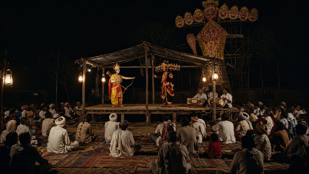1950s night Ramlila on a simple wooden stage lit by lanterns, with actors in crowns and bright costumes playing Rama with a bow and a many-headed Ravana, harmonium and dholak players at the side, a crowd of villagers seated on durries watching, and a towering Ravana effigy behind the stage