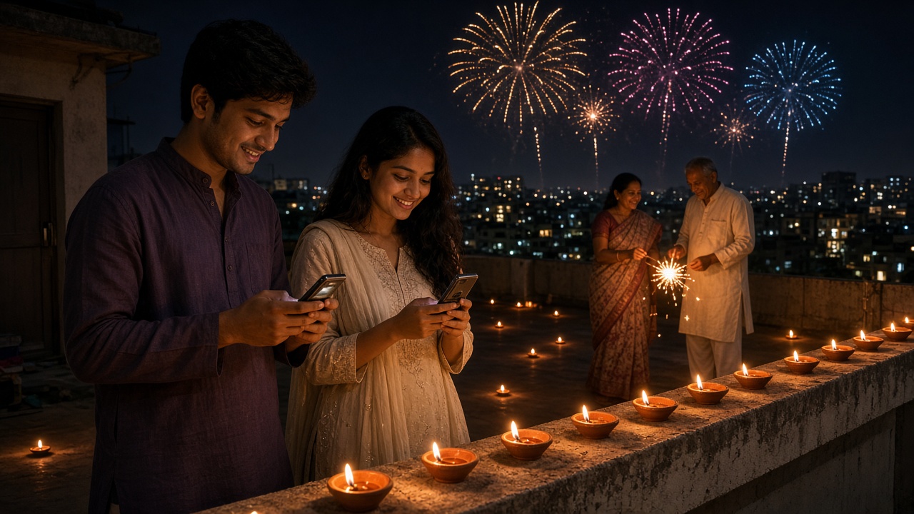 Apartment terrace on Diwali night in the 2000s where a young man in a kurta and his sister smile while typing on small 2000s mobile phones beside a parapet lined with clay diyas, as their parents light sparklers and fireworks burst over the city skyline