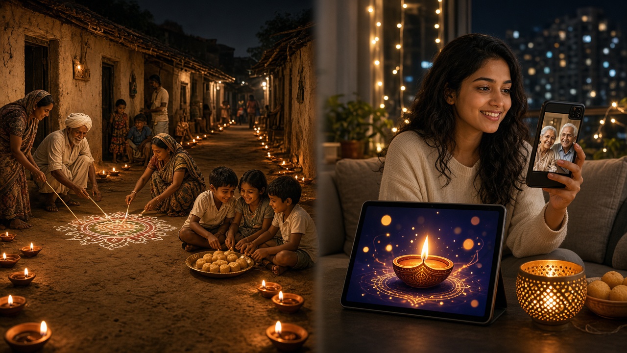 Split image with a 1950s village lane on Diwali night where neighbours light rows of clay diyas, women draw a rangoli, and children share laddoos from a brass plate on the left, and a young woman in a modern apartment with fairy lights on a video call with her grandparents beside a tablet showing a glowing digital diya on the right