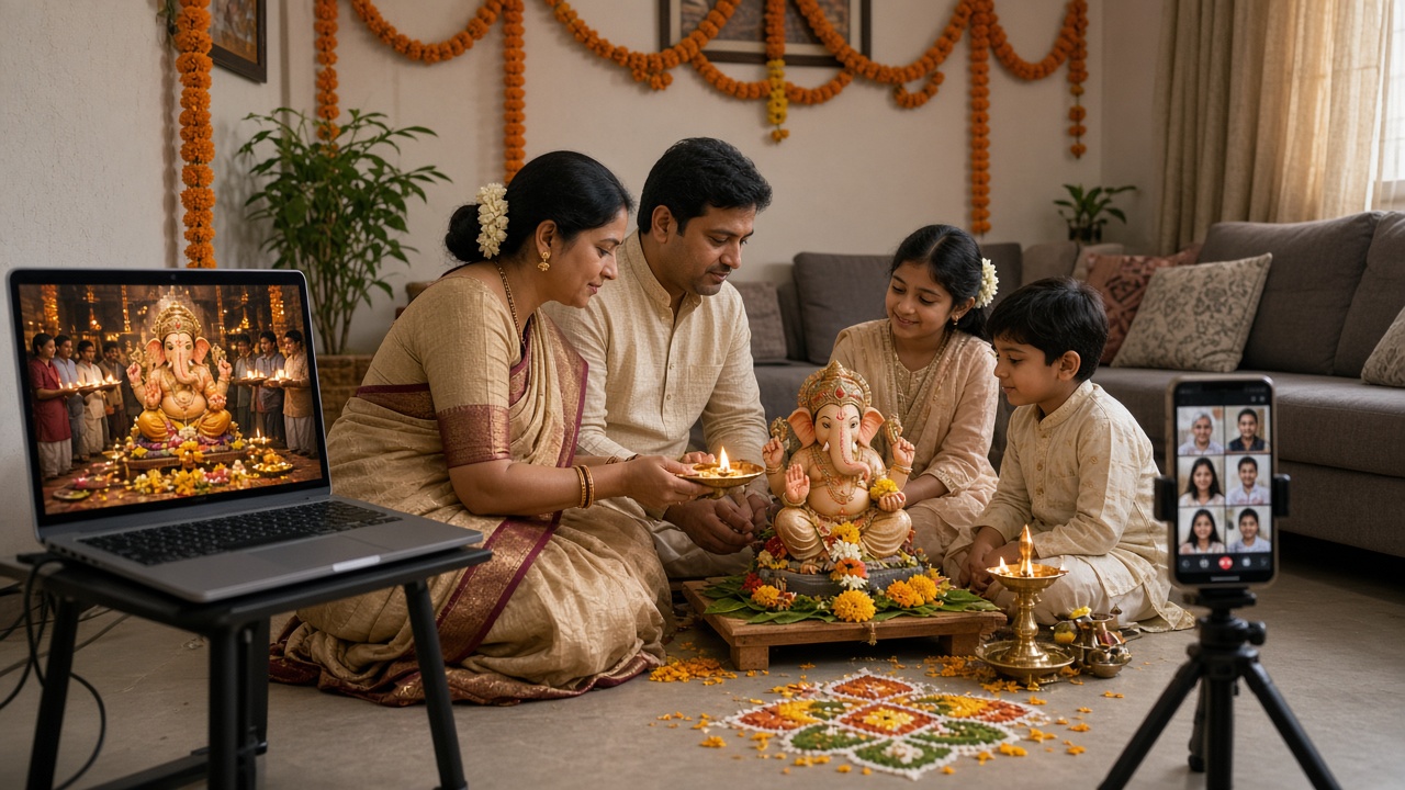 Family of four in festive clothes performing aarti before a small clay Ganesha idol with flowers and brass lamps in their living room, a laptop on a stand showing a live-streamed temple aarti, a smartphone on a tripod showing relatives on a video call, and marigold garlands and a flower rangoli around them