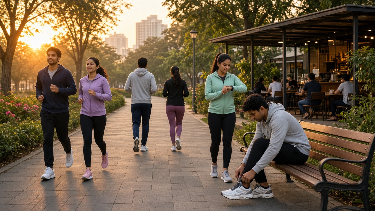 City park path at sunrise with young men and women in hoodies, joggers, and leggings wearing cushioned running shoes, some jogging, one woman checking her smartwatch, a man tying his laces on a bench, and people at an outdoor café