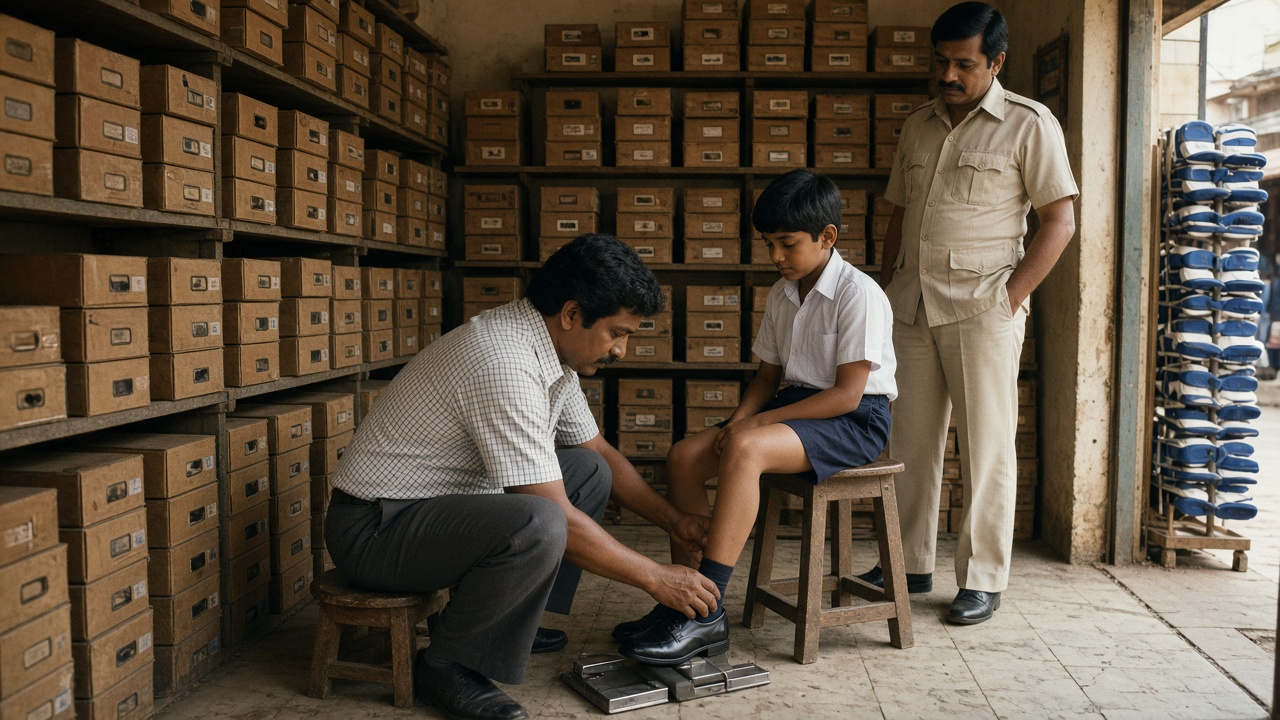 1970s shoe shop with shelves of cardboard shoe boxes where a salesman on a low stool fits shiny black school shoes on a boy in a school uniform, his father in a safari suit watching, and a rack of blue-and-white rubber slippers by the door