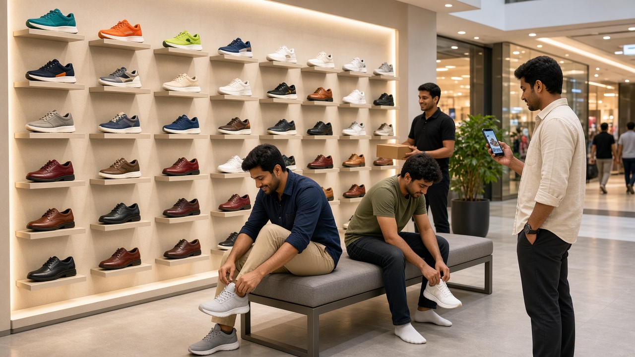Mall footwear store with a lit wall of colourful sneakers and leather formal shoes on floating shelves, two young men trying on sneakers on a bench, a sales assistant holding a shoe box, and a shopper checking a shoe on his phone