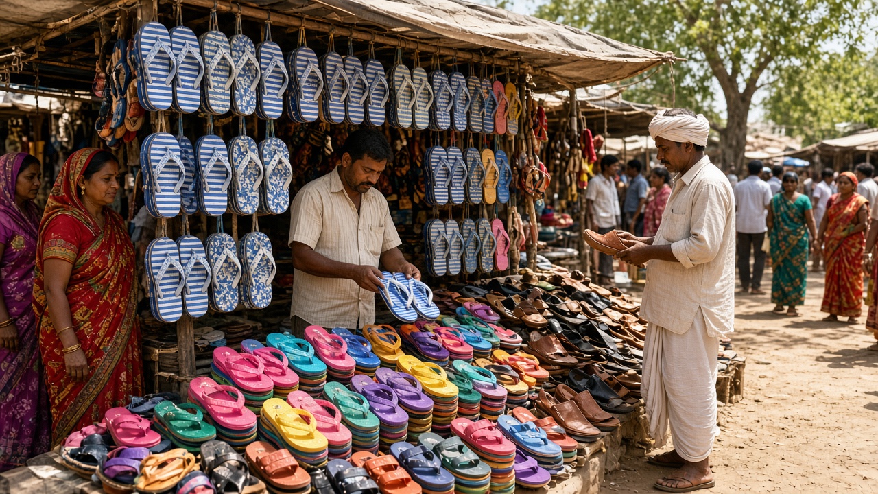 Weekly village market stall with rows of hanging blue-and-white striped rubber slippers, piles of colourful plastic slippers, and leather sandals, a vendor arranging pairs, women in saris choosing slippers, and a turbaned farmer holding a leather sandal
