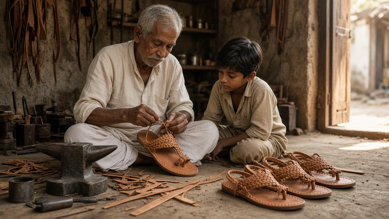 Elderly artisan in white kurta and dhoti sitting on the floor of a workshop braiding the straps of a tan leather Kolhapuri chappal, with finished pairs, leather strips, and an iron anvil beside him, and a young apprentice watching