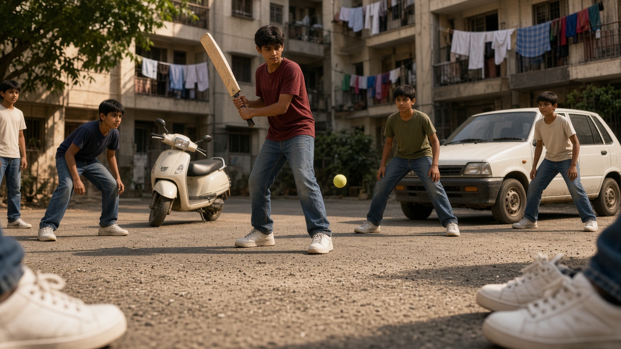 Teenage boys in T-shirts and jeans playing street cricket with a tennis ball in an apartment colony, all wearing white sneakers, with a scooter and a small white car parked nearby and clothes drying on balconies