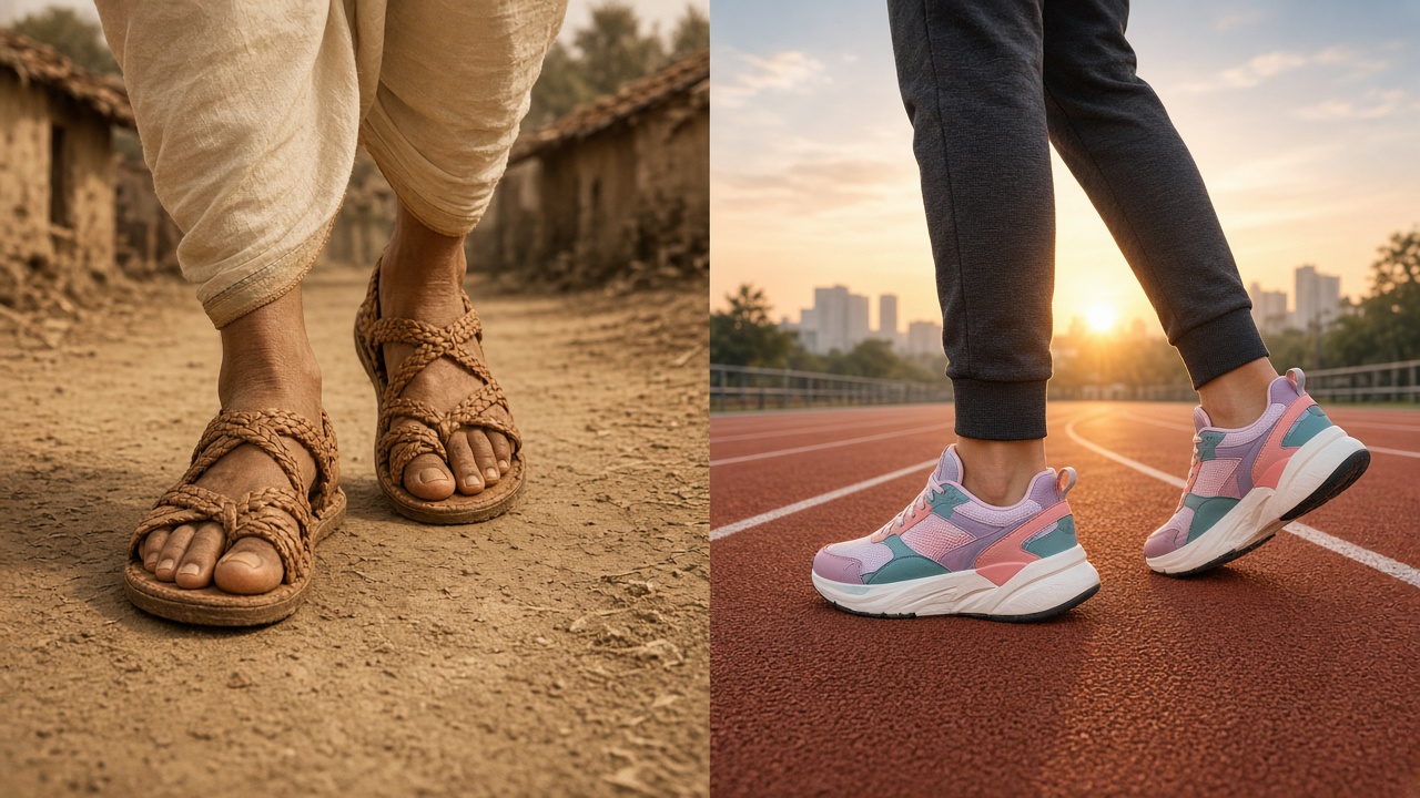 Split image with feet in braided tan leather Kolhapuri chappals and a dhoti hem on a dusty village path on the left, and feet in pastel chunky sneakers and grey joggers on a red running track at sunrise on the right
