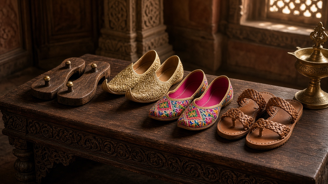 Carved wooden table in a heritage room displaying a pair of wooden padukas with brass toe knobs, gold embroidered mojaris with curled toes, colourful embroidered juttis, and braided tan leather Kolhapuri chappals, next to a brass lamp