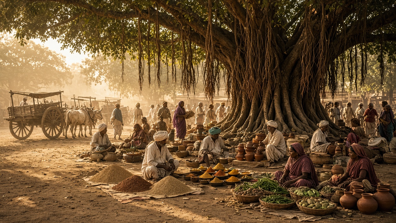 Village weekly haat beneath a huge banyan tree in golden afternoon light, with bullock carts parked at the edge, farmers selling heaps of grain on cloth, women vendors with baskets of vegetables and earthen pots, a spice seller with bowls of colourful spices, and villagers in turbans and saris