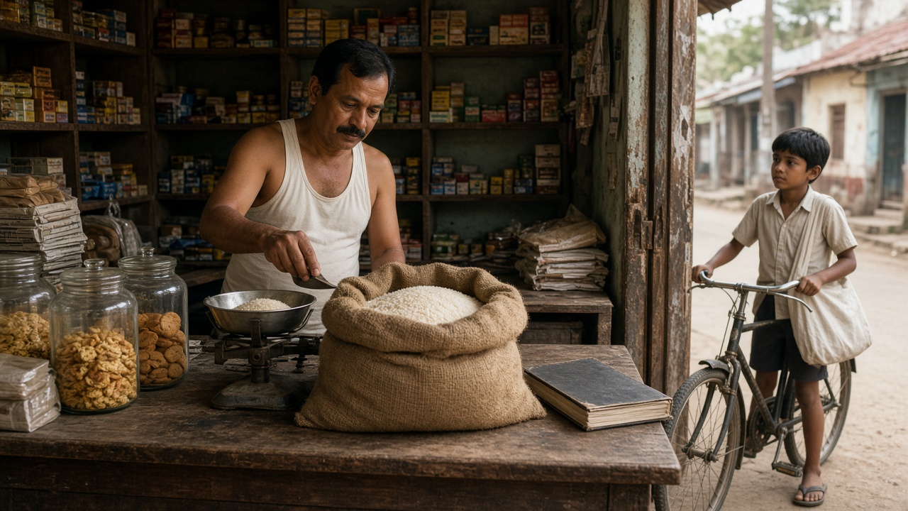 1980s kirana store where a shopkeeper in a vest behind a wooden counter weighs rice from an open gunny sack on a pan balance, beside glass jars of biscuits and snacks, stacks of newspaper bags, a thick credit notebook, and shelves of packets, while a boy with a bicycle and cloth bag waits outside