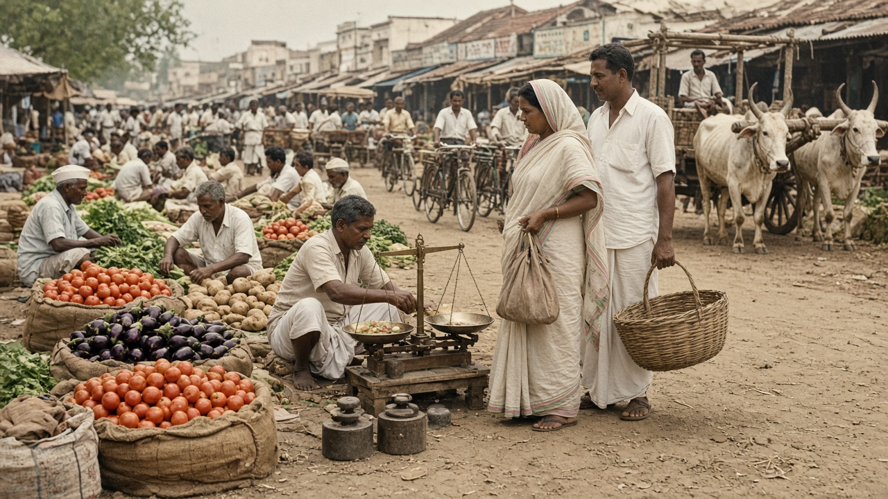 Vintage 1950s town mandi with vendors squatting beside piles of tomatoes, brinjals, potatoes, and greens on jute sacks, one weighing vegetables on a brass pan balance with iron weights, a woman in a cotton sari with a cloth bag bargaining, her husband holding a wicker basket, and bullocks and bicycles behind