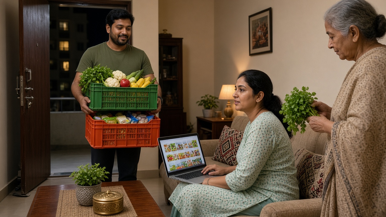 Apartment living room in the evening where a delivery man carries two plastic crates of vegetables and packaged groceries through the front door, while a woman on the sofa checks the order on a laptop and her elderly mother-in-law inspects a bunch of coriander