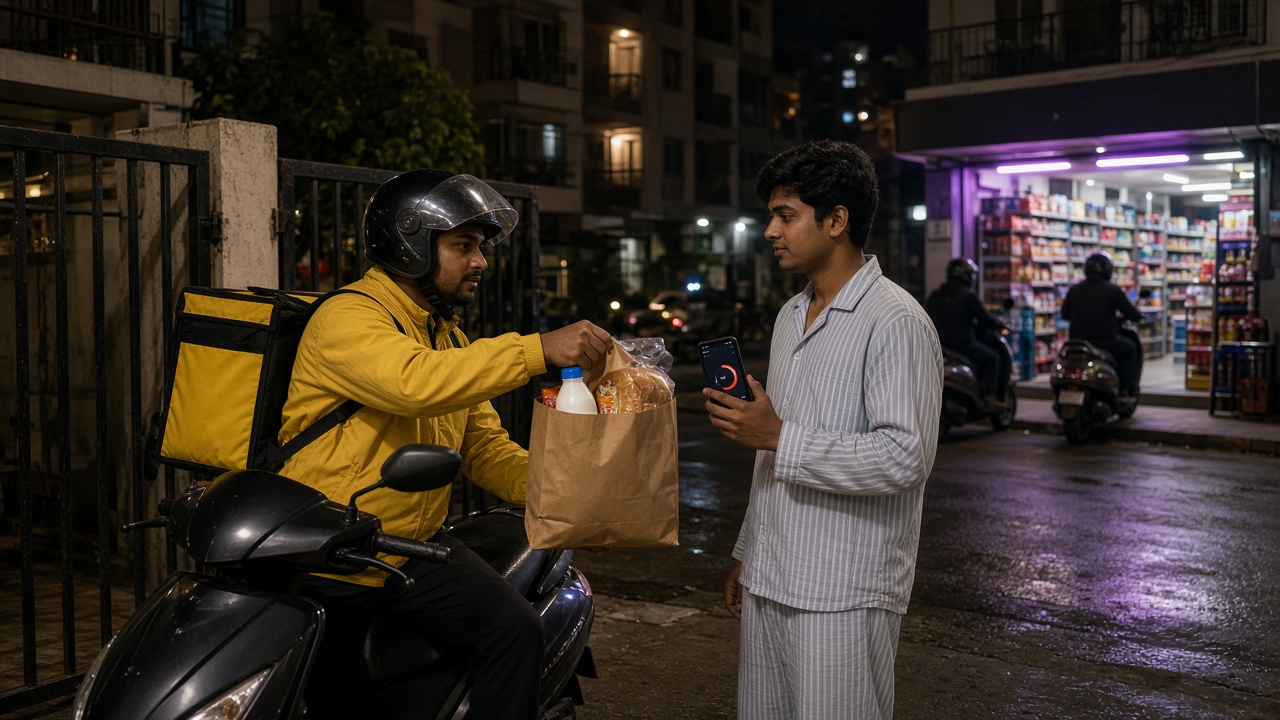 City night scene where a delivery rider in a helmet and yellow jacket with an insulated backpack, seated on his scooter at an apartment gate, hands a paper bag of milk, bread, and snacks to a young man in pyjamas holding a smartphone, with a brightly lit dark store and other riders across the street