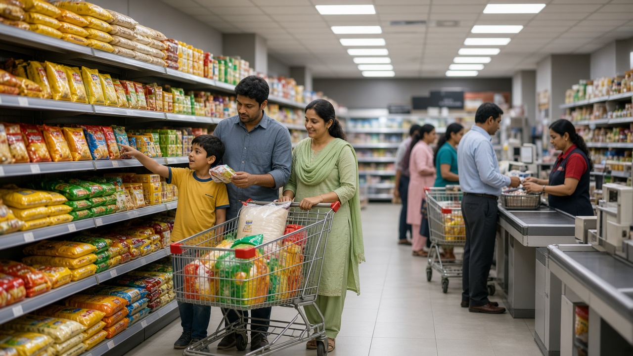 Bright 2000s supermarket where a family pushes a trolley loaded with rice, atta, and snacks down an aisle of packaged goods, the boy pointing at a shelf and the father holding a pack, while a cashier scans barcodes at a checkout counter with a queue behind them