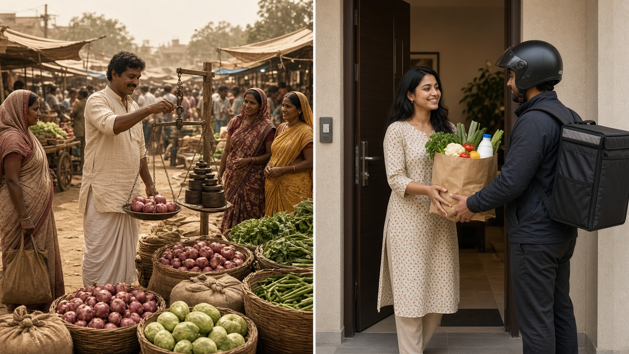 Split image with a 1950s vegetable mandi where a man in a dhoti weighs onions on a hanging balance as women in saris with cloth bags bargain on the left, and a smiling young woman at an apartment door receiving a paper bag of vegetables and milk from a helmeted delivery rider on the right