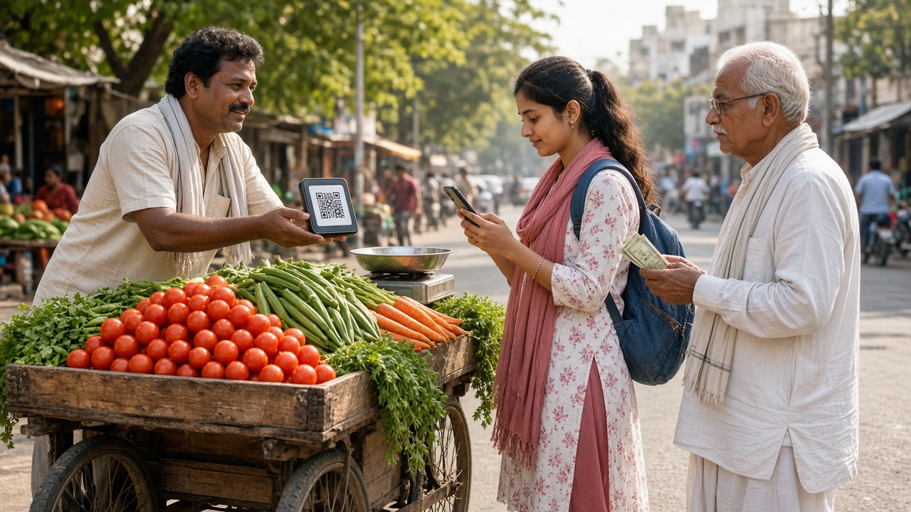 Sunny street where a vegetable vendor with a wooden handcart of tomatoes, okra, carrots, and coriander holds out a QR code stand as a college girl scans it with her phone, while an elderly man beside her pays with rupee notes, with a steel weighing scale on the cart