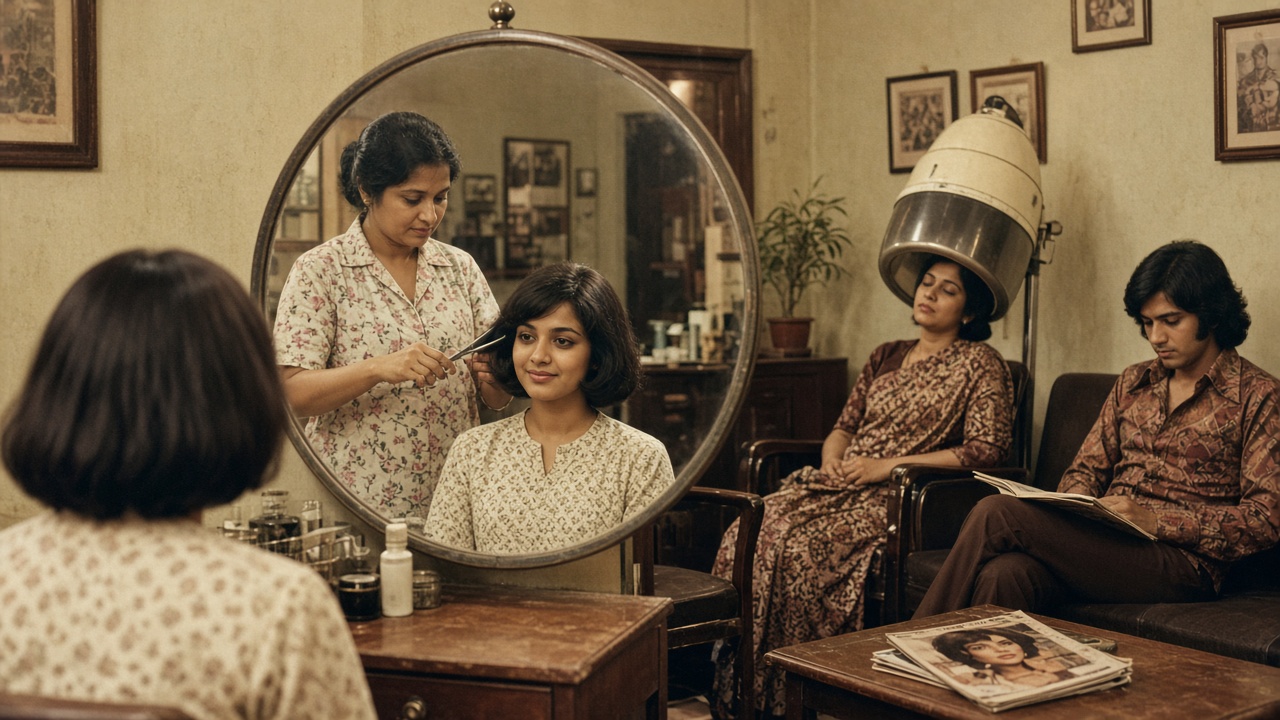 1970s beauty parlour where a young woman admires her new chin-length bob in a round mirror as a beautician with scissors stands behind her, another woman sits under a hooded hair dryer, and a young man with long hair and sideburns reads a magazine