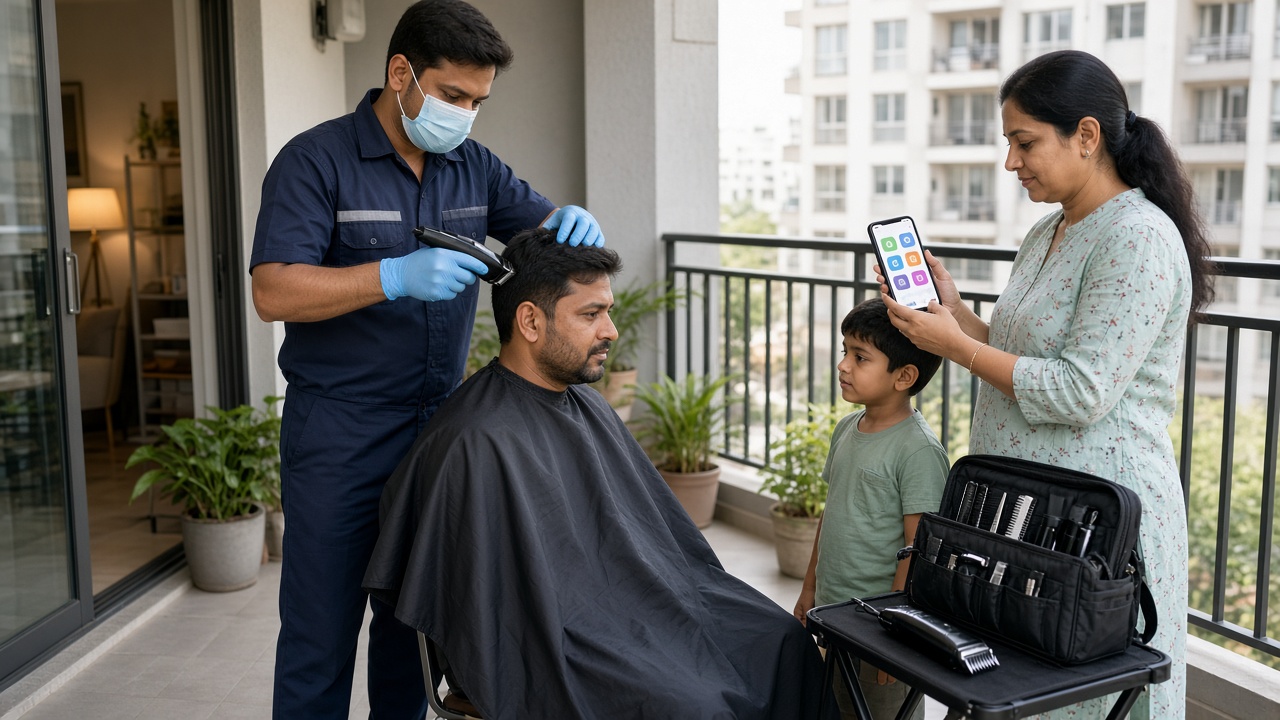 Apartment balcony where a groomer in a uniform, mask, and gloves trims a man’s hair with an electric trimmer, a portable grooming kit on a folding table, and a woman holding a phone showing a booking app while a small boy watches