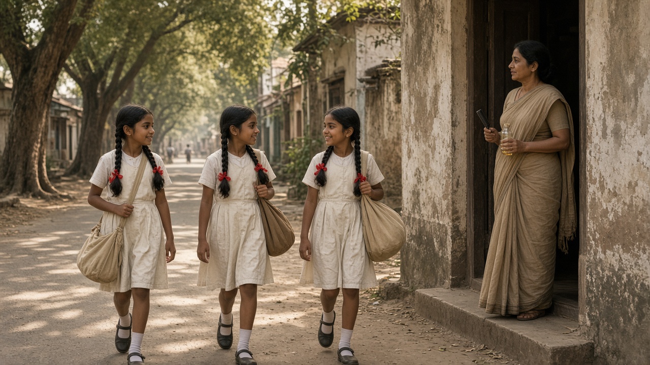 Three schoolgirls in white uniforms with oiled hair in two long plaits tied with red ribbons walking with cloth bags down a tree-lined street, while a mother at a doorway holds a comb and a small bottle of oil