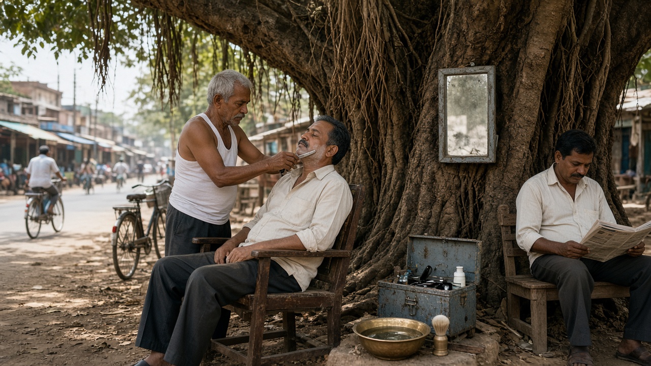 Elderly barber in a white vest shaving a customer with a straight razor under a large banyan tree, with a mirror nailed to the trunk, a tin tool box, a brass bowl and shaving brush, and another man waiting on a bench with a newspaper