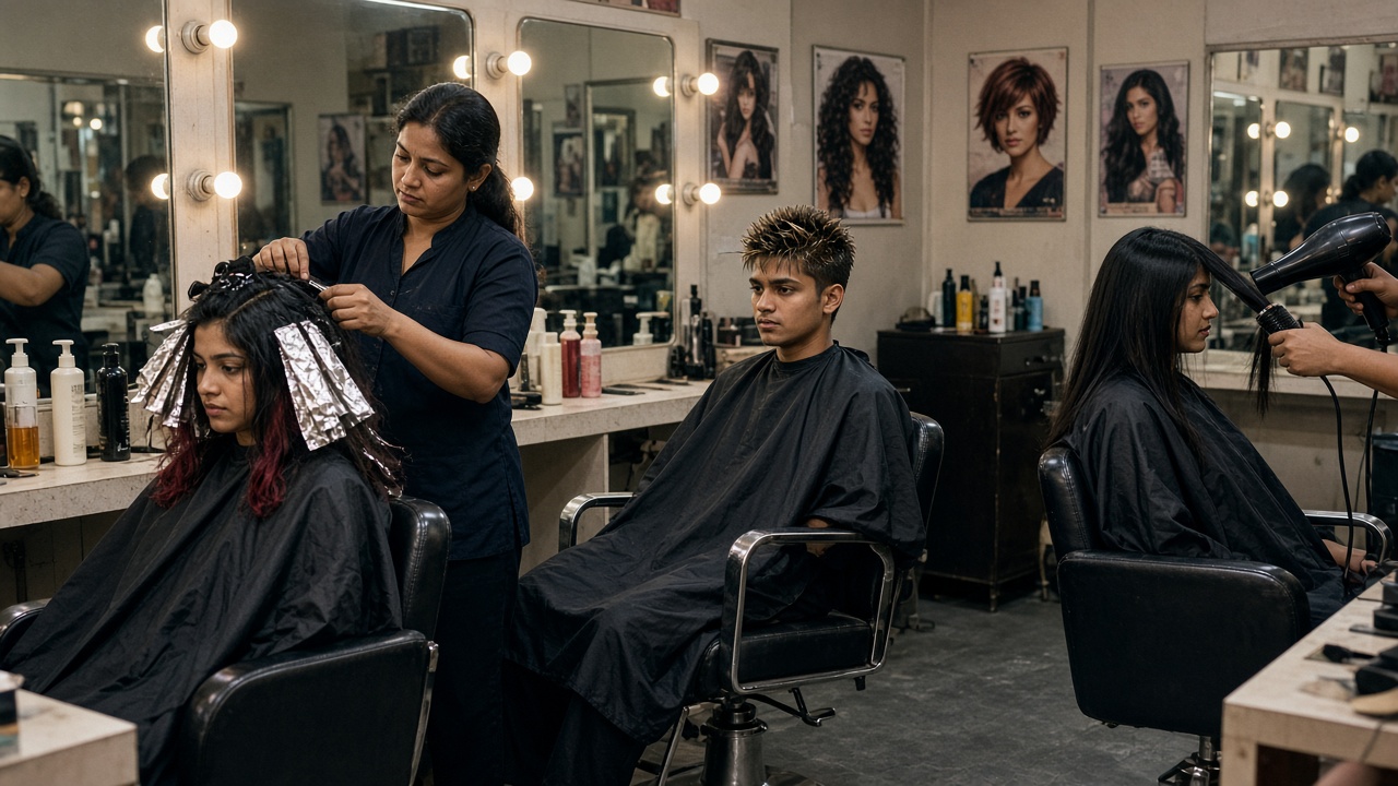 Busy city salon with bulb-lit mirrors where a stylist applies foil highlights to a young woman’s hair, a young man with gelled spiky hair sits in a barber chair, and another woman gets her long hair blow-dried straight, with hairstyle posters on the wall