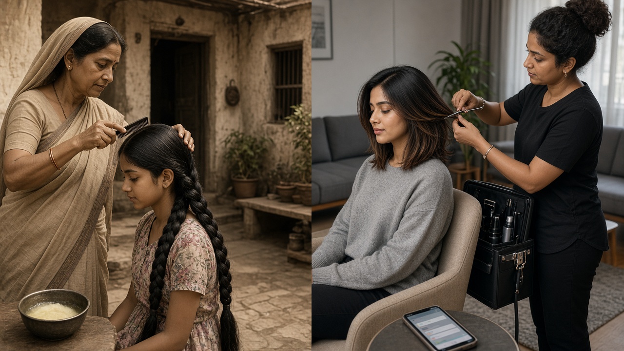 Split image with a mother combing and braiding her daughter’s long oiled hair beside a bowl of coconut oil in an old courtyard on the left, and a beautician with a portable kit trimming a young woman’s layered hair in a modern living room, with a phone on the table, on the right