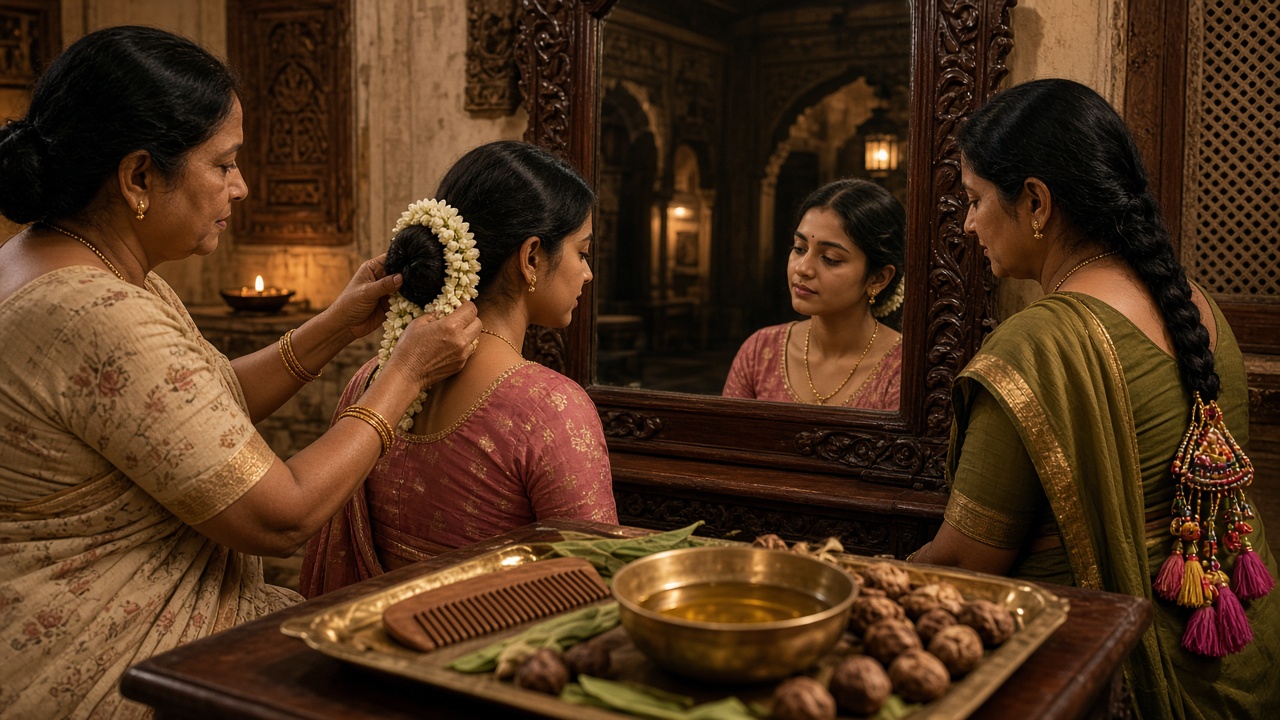 Heritage room where an older woman ties a jasmine gajra around a young woman’s bun in front of a carved mirror, another woman’s long braid ends in a colourful tasselled parandi, and a brass tray holds a bowl of oil, a wooden comb, shikakai pods, and reetha nuts