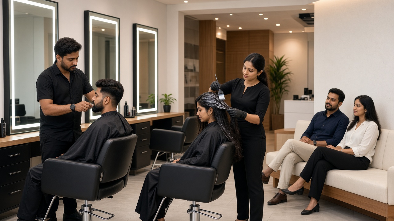 Modern unisex salon with backlit mirrors where a stylist shapes a young man’s beard and fade haircut, a female stylist applies a smoothening treatment to a woman’s long hair, and a couple waits on a white sofa