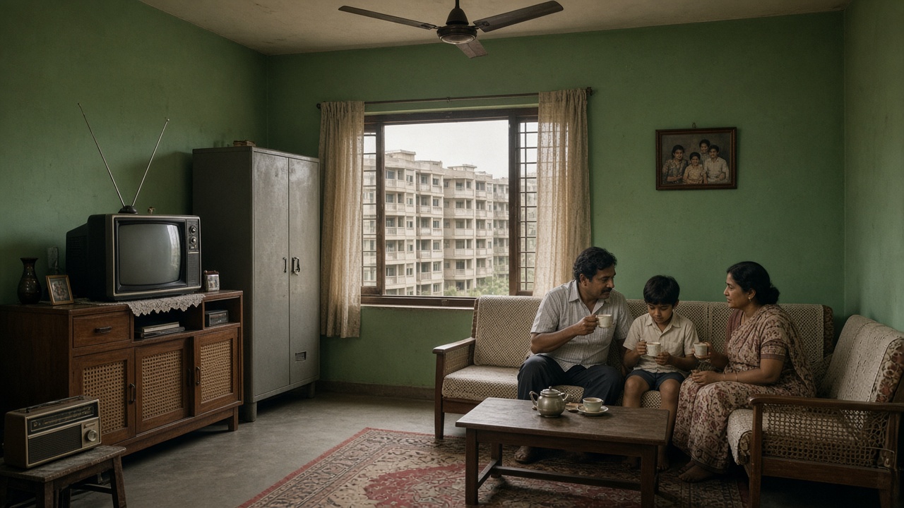 1970s Indian housing-colony flat with green walls, a ceiling fan, a black-and-white TV with an antenna on a wooden cabinet, a steel almirah, a transistor radio, a cane sofa, and a family drinking tea, with identical concrete housing blocks visible through the window
