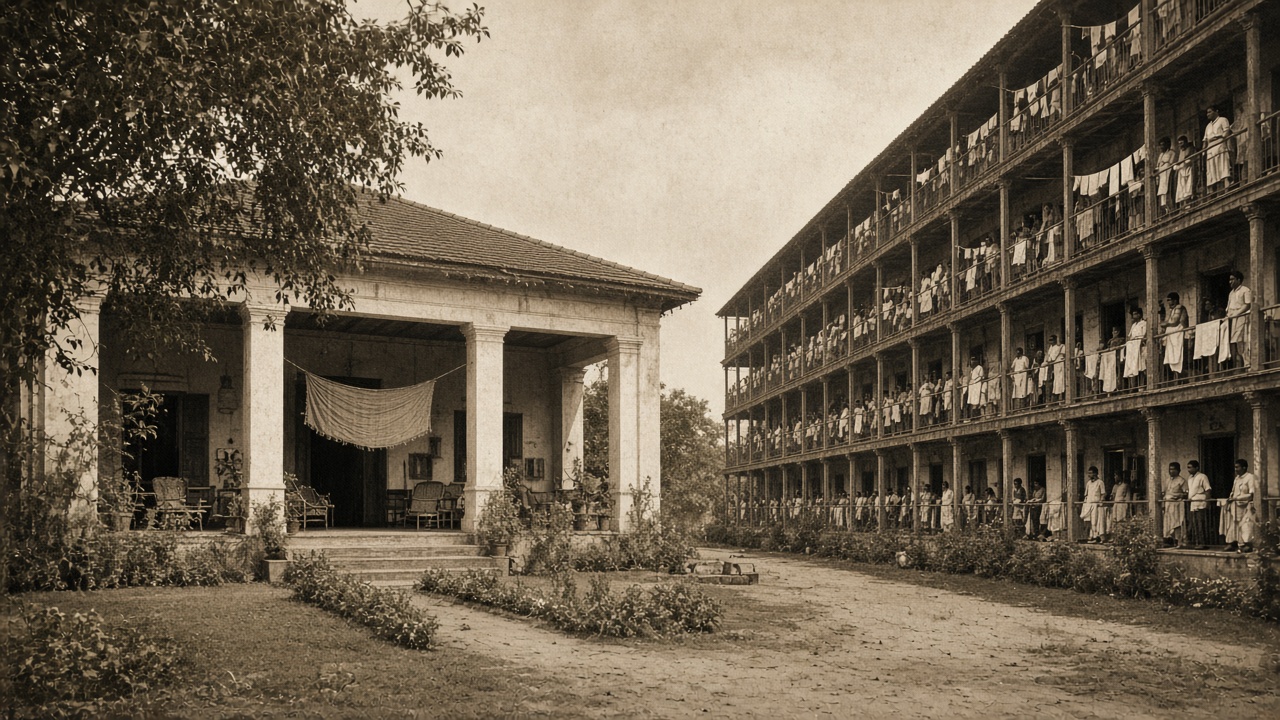 Sepia scene showing a whitewashed colonial bungalow with a pillared verandah, cane chairs, a cloth punkha, and a garden on the left, and a four-storey chawl on the right with long shared balconies crowded with mill-worker families and washing hung out to dry