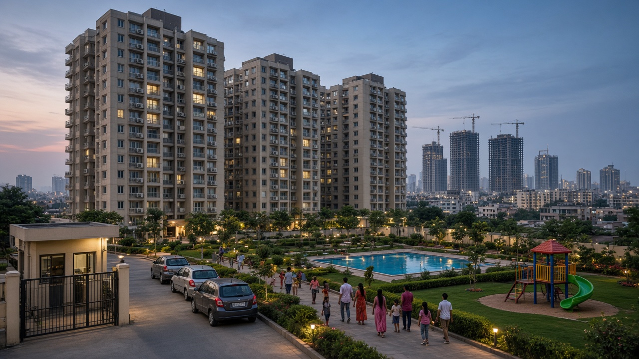 Indian gated community at dusk with several high-rise apartment towers with balconies and AC units, a landscaped garden, a swimming pool, a children’s play area, a security gate, parked cars, and families walking, with cranes building more towers in the distance