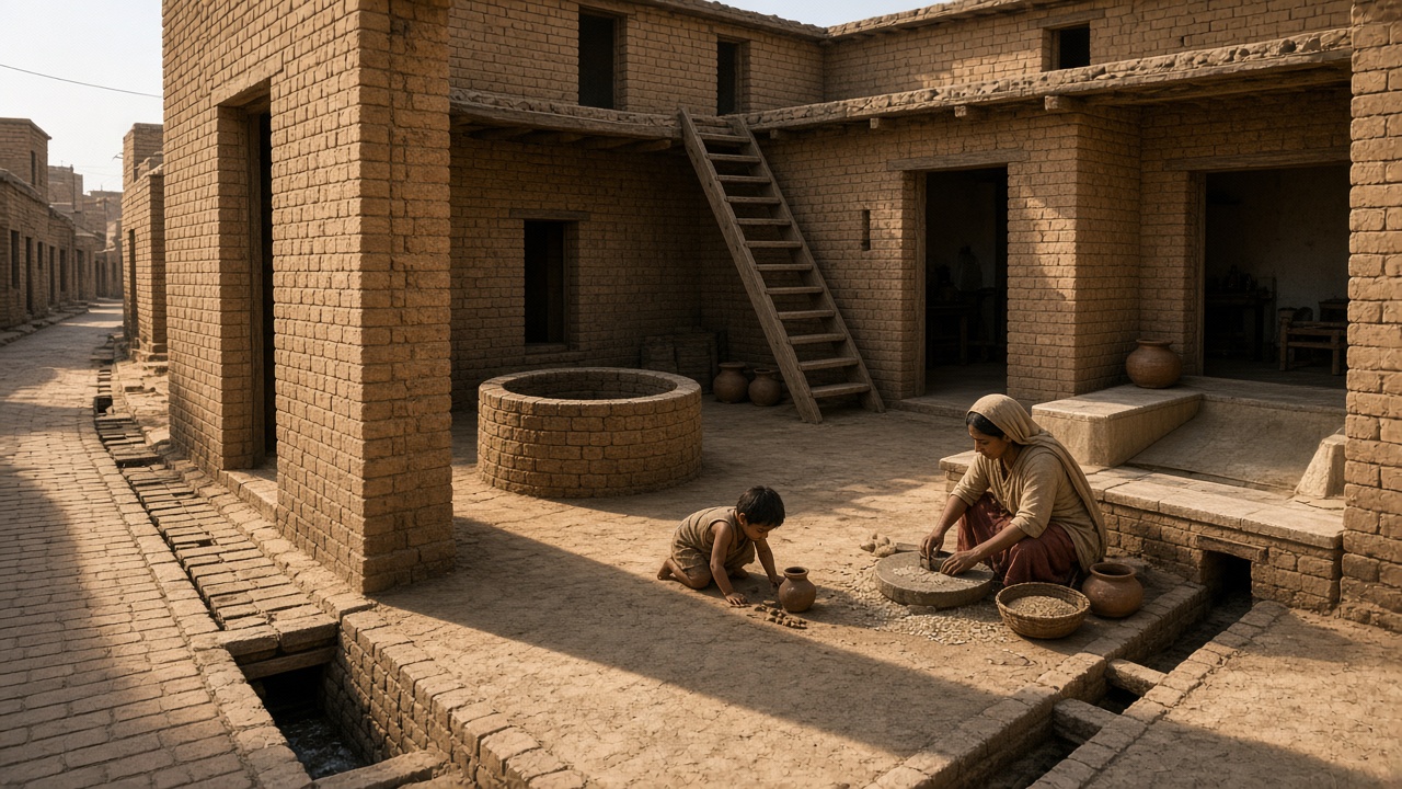 Reconstructed Harappan house of baked bricks around an open courtyard with a round brick well, a wooden ladder to the upper floor, a woman grinding grain, a child playing, and a covered brick drain running along the street outside