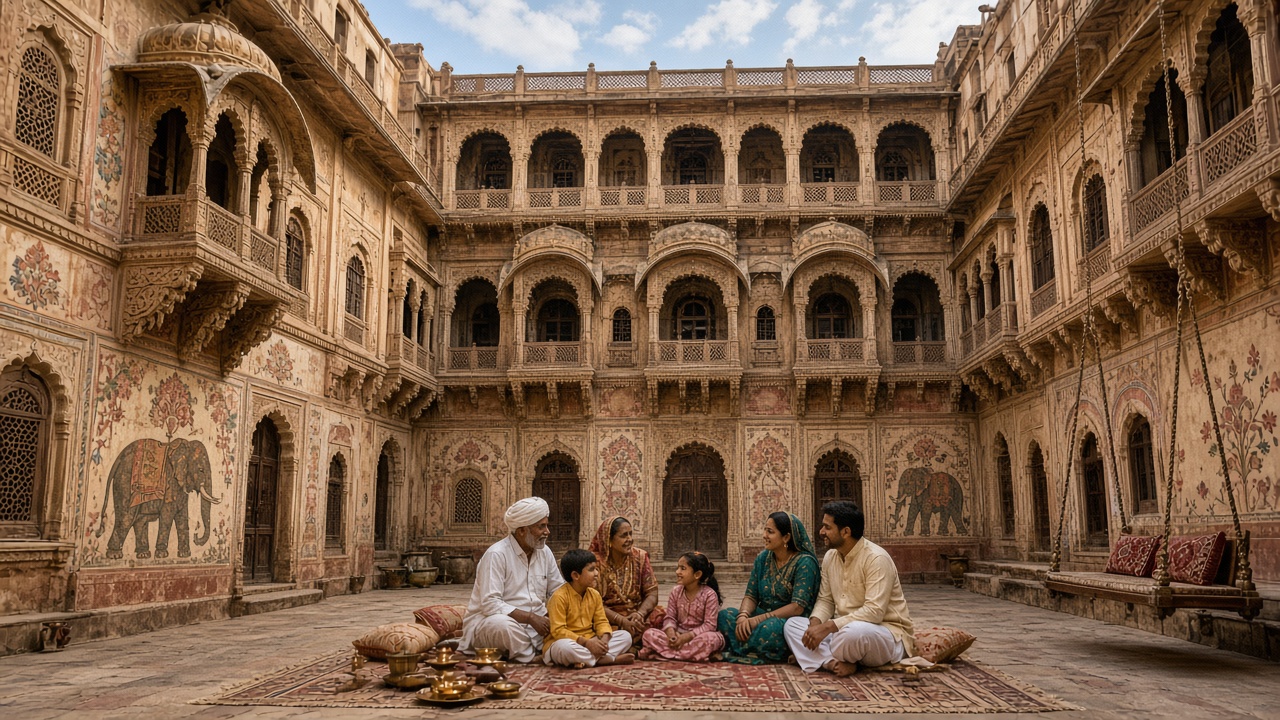 Inner courtyard of a Rajasthani sandstone haveli with carved jharokha balconies and stone jaali screens on three storeys, frescoes of elephants and flowers on the walls, and a joint family of grandparents, parents, and children sitting on a carpet with brass lamps beside a swing