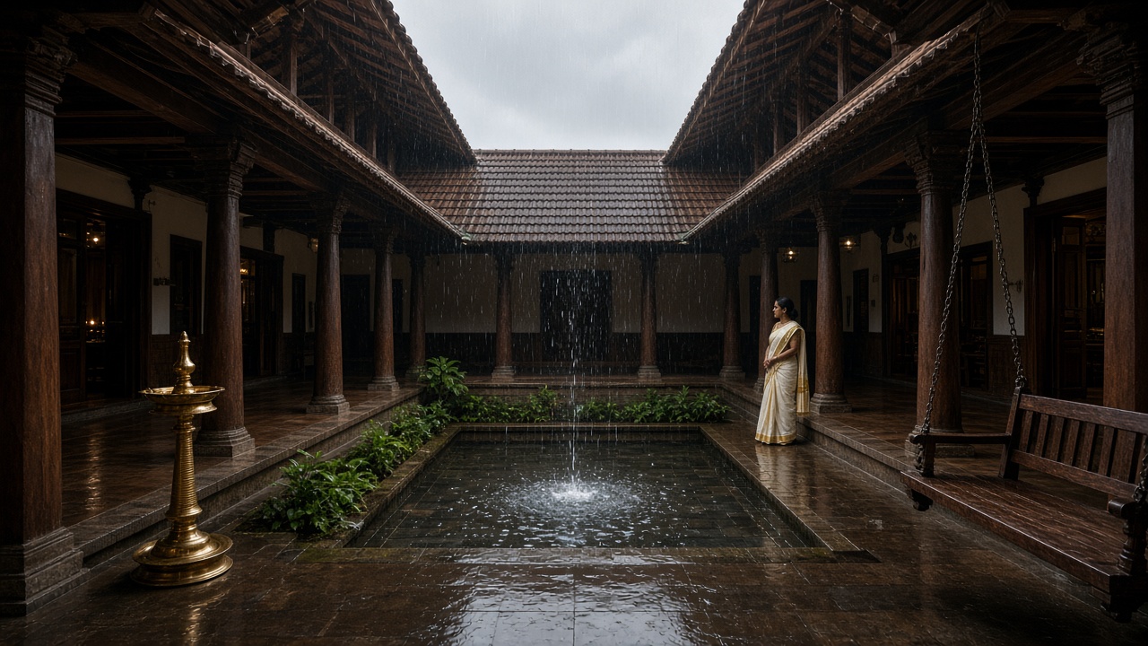 Interior of a traditional Kerala nalukettu with rain falling into an open-to-sky central courtyard pool, dark polished wooden pillars and verandahs, sloping clay-tiled roofs, a tall brass lamp, a wooden swing, and a woman in a white-and-gold kasavu sari