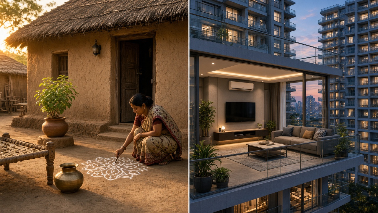 Split image with a mud-walled thatched village house on the left, where a woman in a sari draws a white rangoli in the courtyard beside a tulsi plant, a charpai, and a brass pot, and a modern high-rise apartment on the right with a glass balcony opening onto a living room with a sofa, TV, air conditioner, and plants