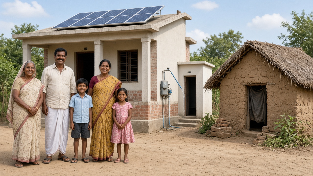 Smiling rural family of a grandmother, parents, and two children standing in front of their new pucca brick-and-concrete house with a rooftop solar panel, a separate toilet block, a water tap, and an electricity meter, beside their old mud-and-thatch hut