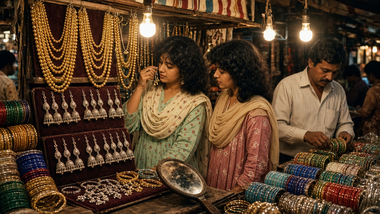 1980s market stall lit by bare bulbs with gold-plated necklaces, oxidised silver jhumkas, and stacks of colourful glass bangles, where two young women in salwar kameez try on earrings with a hand mirror as the shopkeeper arranges bangles
