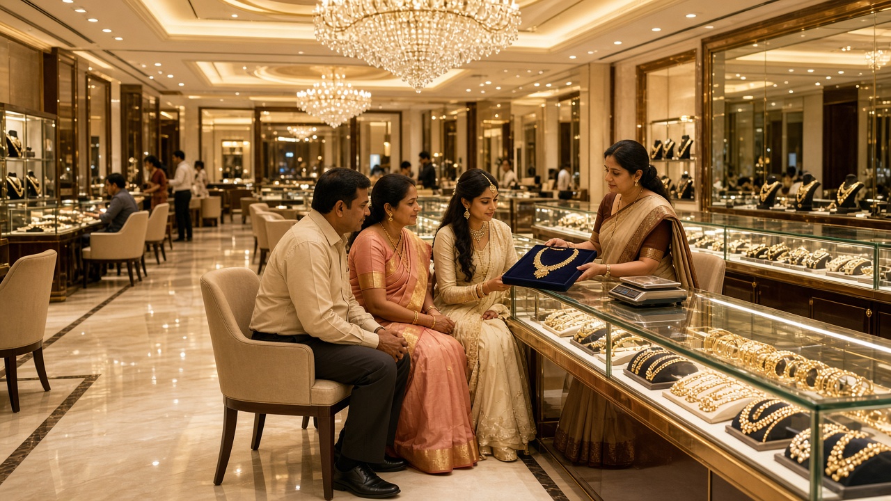 Large jewellery showroom with marble floors, chandeliers, and glowing glass counters, where a sales associate in a sari shows a gold necklace on a blue velvet tray to a seated family with a bride-to-be, beside a digital weighing scale