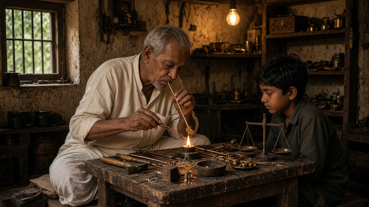 Elderly goldsmith at a low wooden bench blowing through a thin brass blowpipe onto a small flame to solder a gold earring, surrounded by tiny hammers, tongs, a small anvil, and a hand balance, while a young apprentice watches