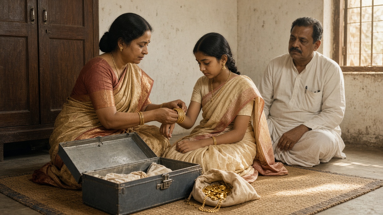 1950s home where a mother in a silk sari slips gold bangles onto her daughter’s wrist on a woven mat, with an open steel trunk and a cloth pouch of gold coins and a chain beside them while the father watches
