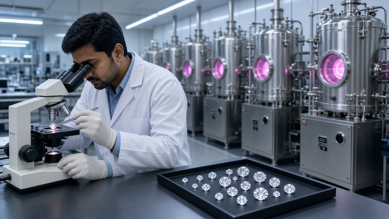 Modern laboratory with rows of stainless-steel diamond-growing reactors glowing pink through round windows, while a technician in a white coat examines a diamond under a microscope beside a black tray of polished loose diamonds