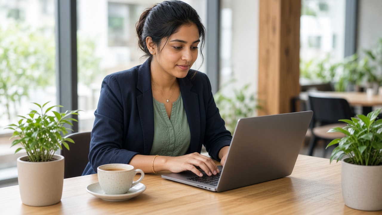Young professional woman in a blazer working on a laptop at a bright wooden desk with plants and a coffee cup, wearing a thin gold chain with a tiny pendant, small studs, and a slim gold bracelet