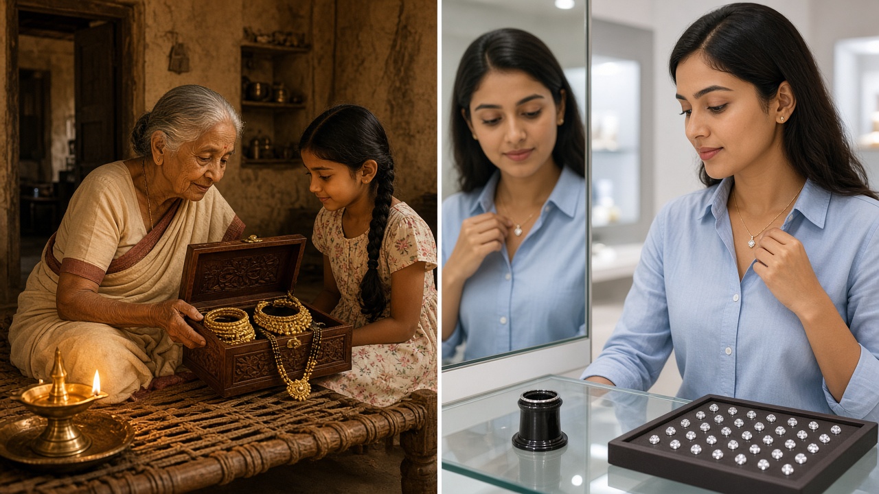 Split image with a grandmother opening a carved wooden box of gold bangles and a necklace for her granddaughter beside a brass lamp on the left, and a young woman trying a delicate diamond pendant at a mirror beside a tray of loose diamonds and a jeweller’s loupe on the right