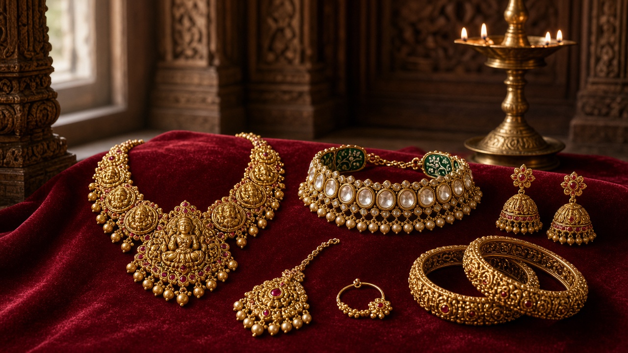 Traditional Indian jewellery on red velvet in a carved heritage room — a gold temple necklace with goddess motifs and rubies, a kundan choker with green enamel, a maang tikka, a nose ring, jhumka earrings, and carved gold bangles beside a brass lamp
