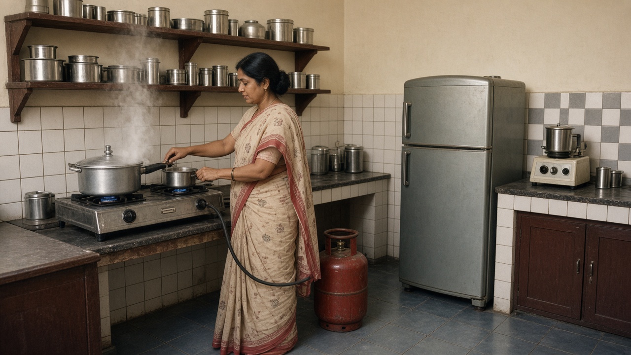 1970s Indian middle-class kitchen with a woman in a cotton sari cooking on a two-burner gas stove connected to a red LPG cylinder, a steaming pressure cooker, stainless-steel utensils on shelves, a rounded refrigerator, and a mixer-grinder on a tiled platform
