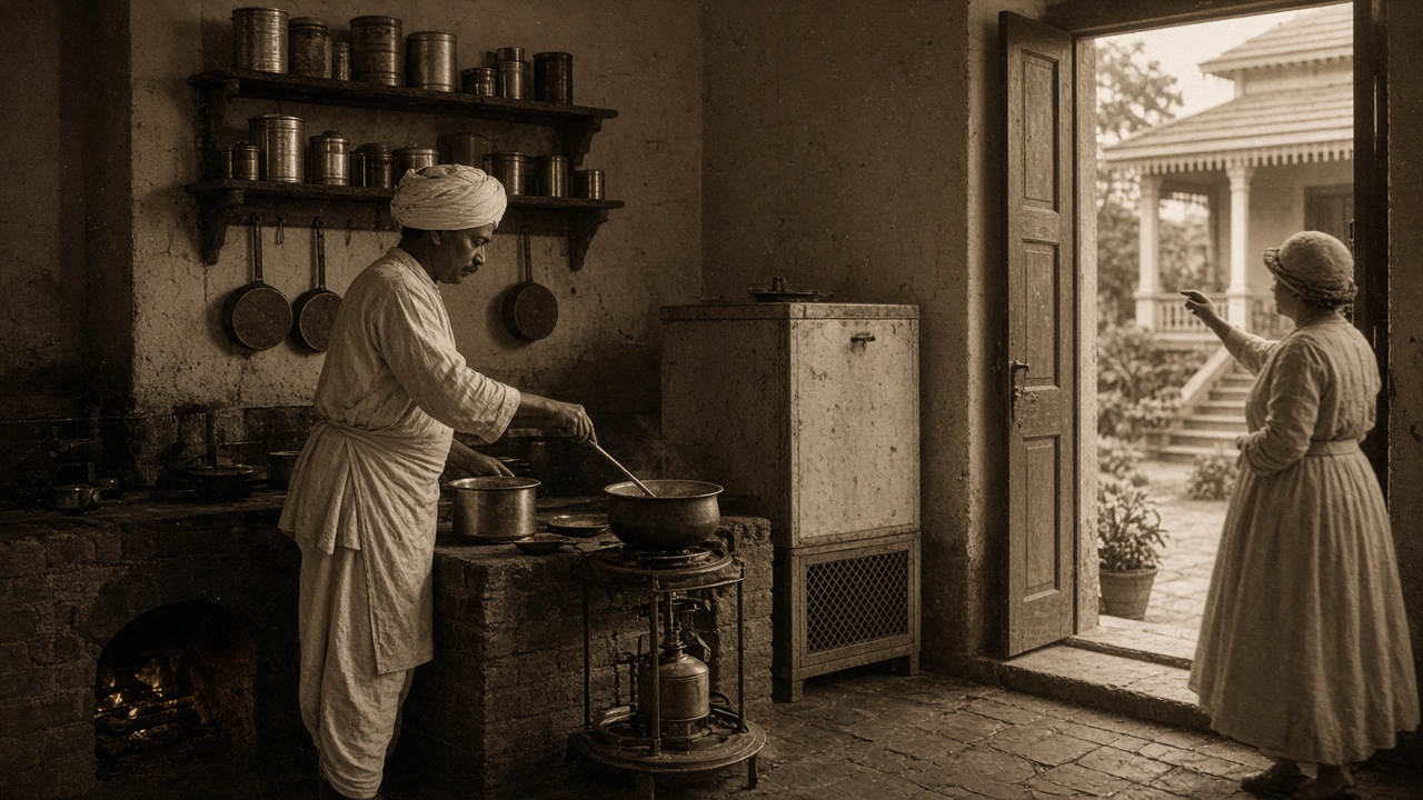 Sepia 1920s cookhouse behind a colonial bungalow where an Indian cook in a white turban cooks on a brick hearth and a brass kerosene pressure stove, with shelves of tins and copper pans, a large ice box, and a British lady giving instructions from the doorway